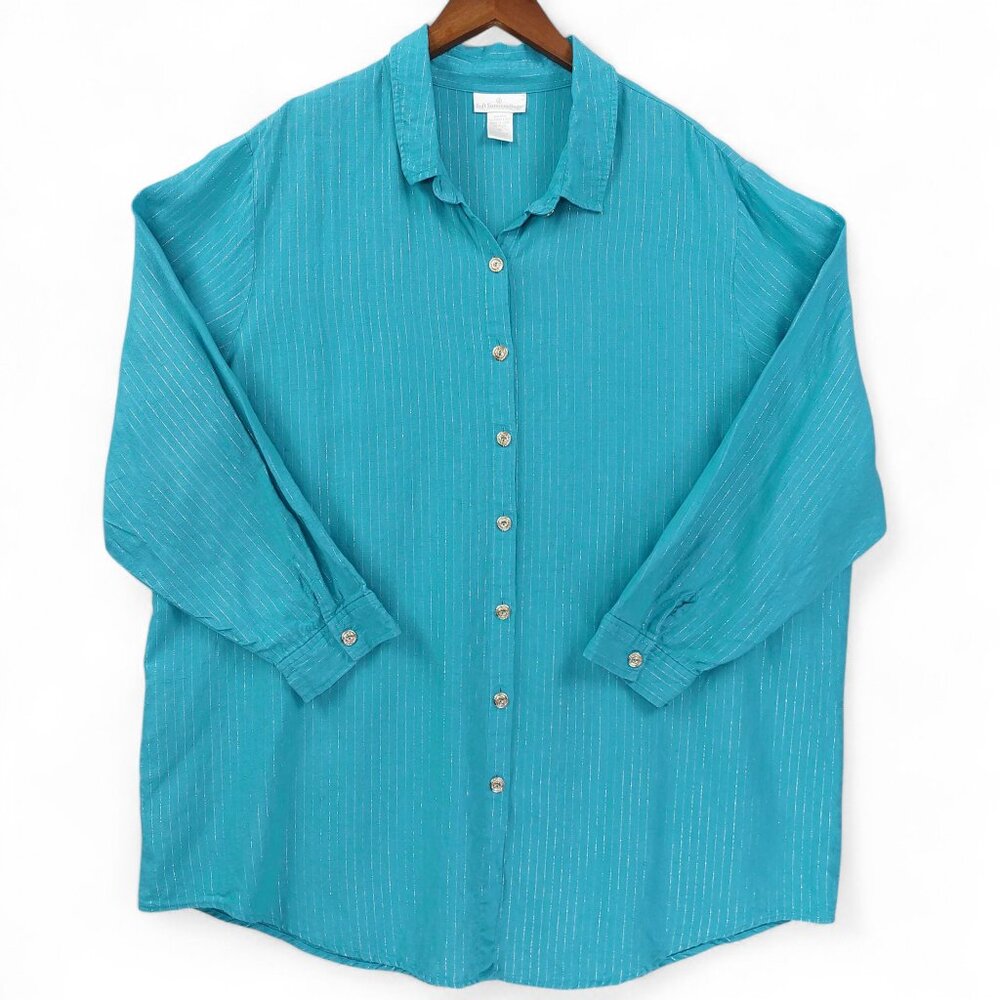 Soft Surroundings Shirt Sz 3X Linen Blue Silver Metallic Stripe Long Sleeve Top